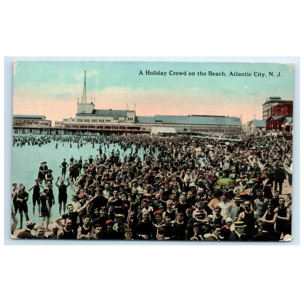 Vintage Postcard Atlantic City New Jersey Holiday Crowd On The Beach Early 1900s